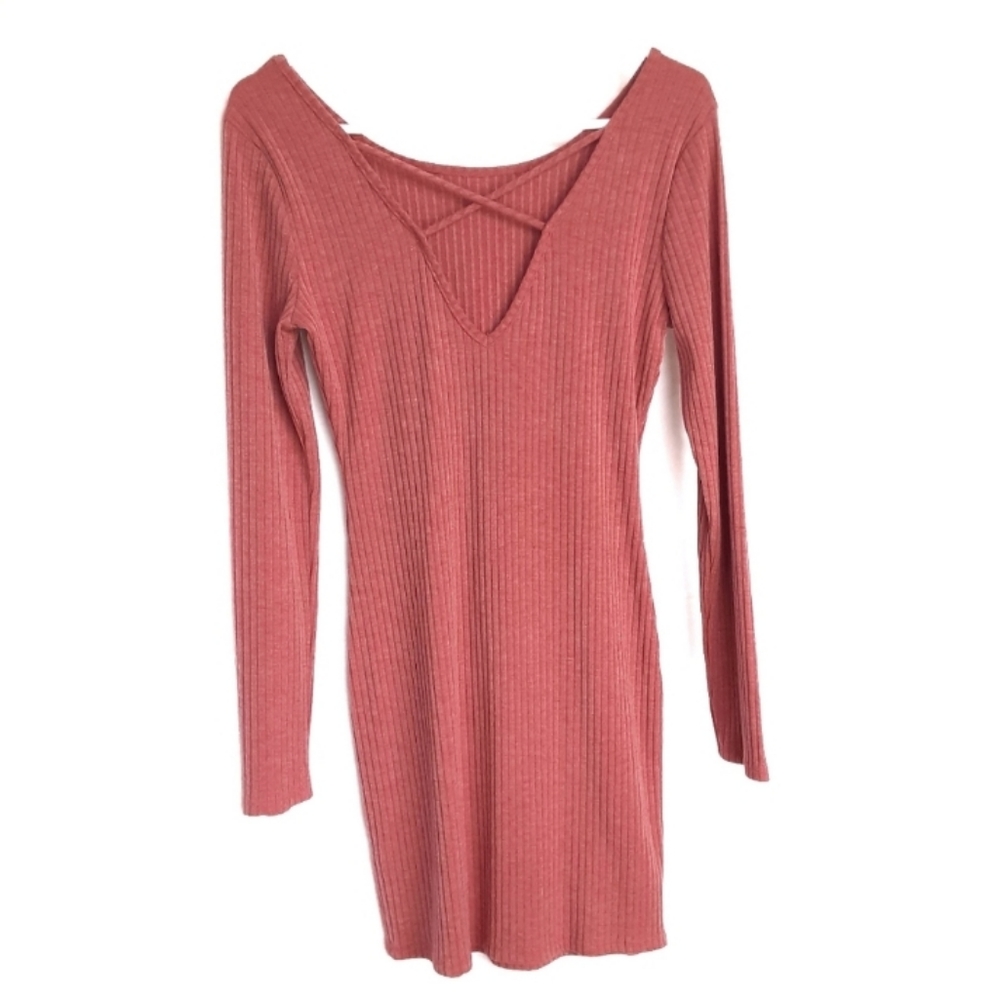 JELLA C Ribbed Open Back Long Sleeve Mini Dress Size Medium